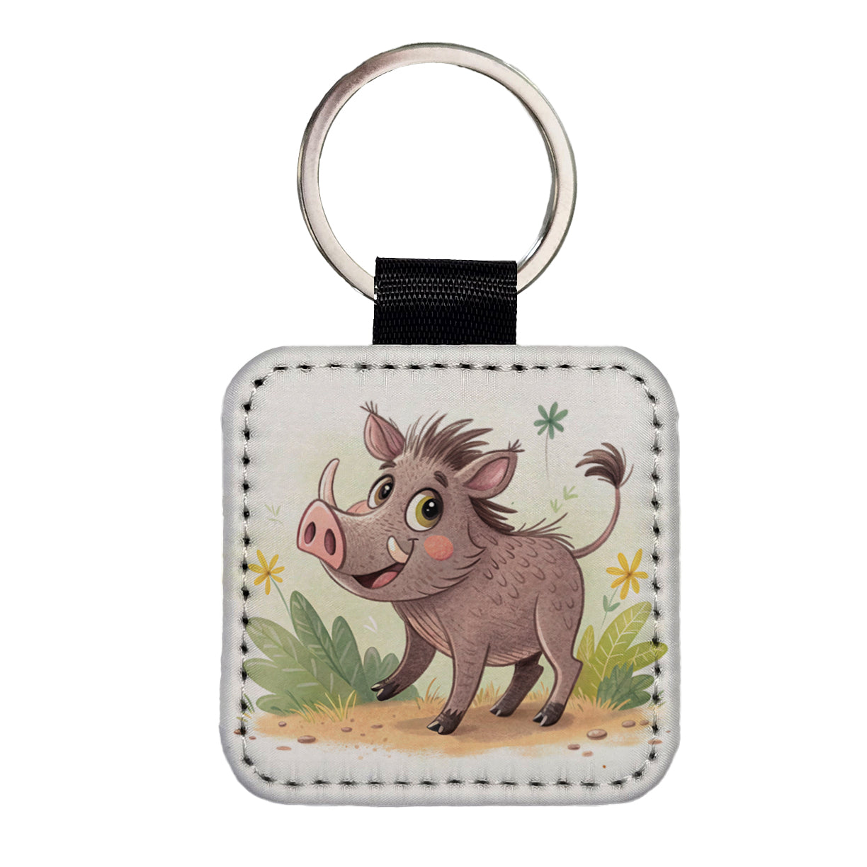 Warthog Children's Illustration Style Square Faux Leather Keychain