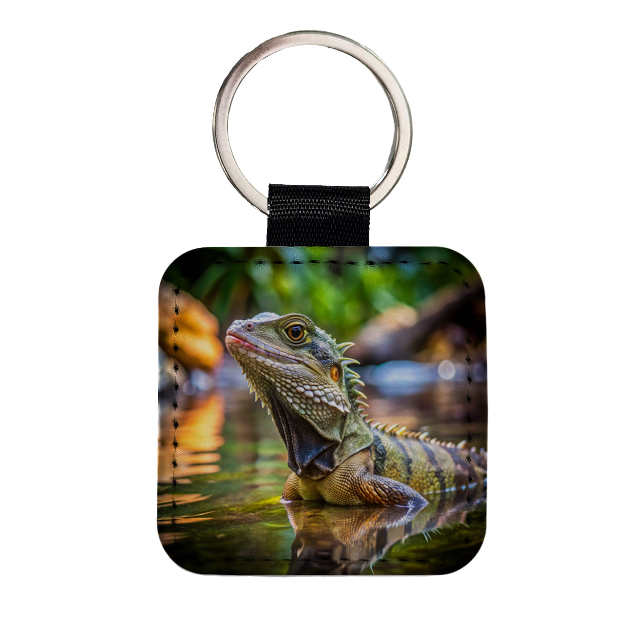 Water Dragon Lizard Reptile Square Faux Leather Keychain