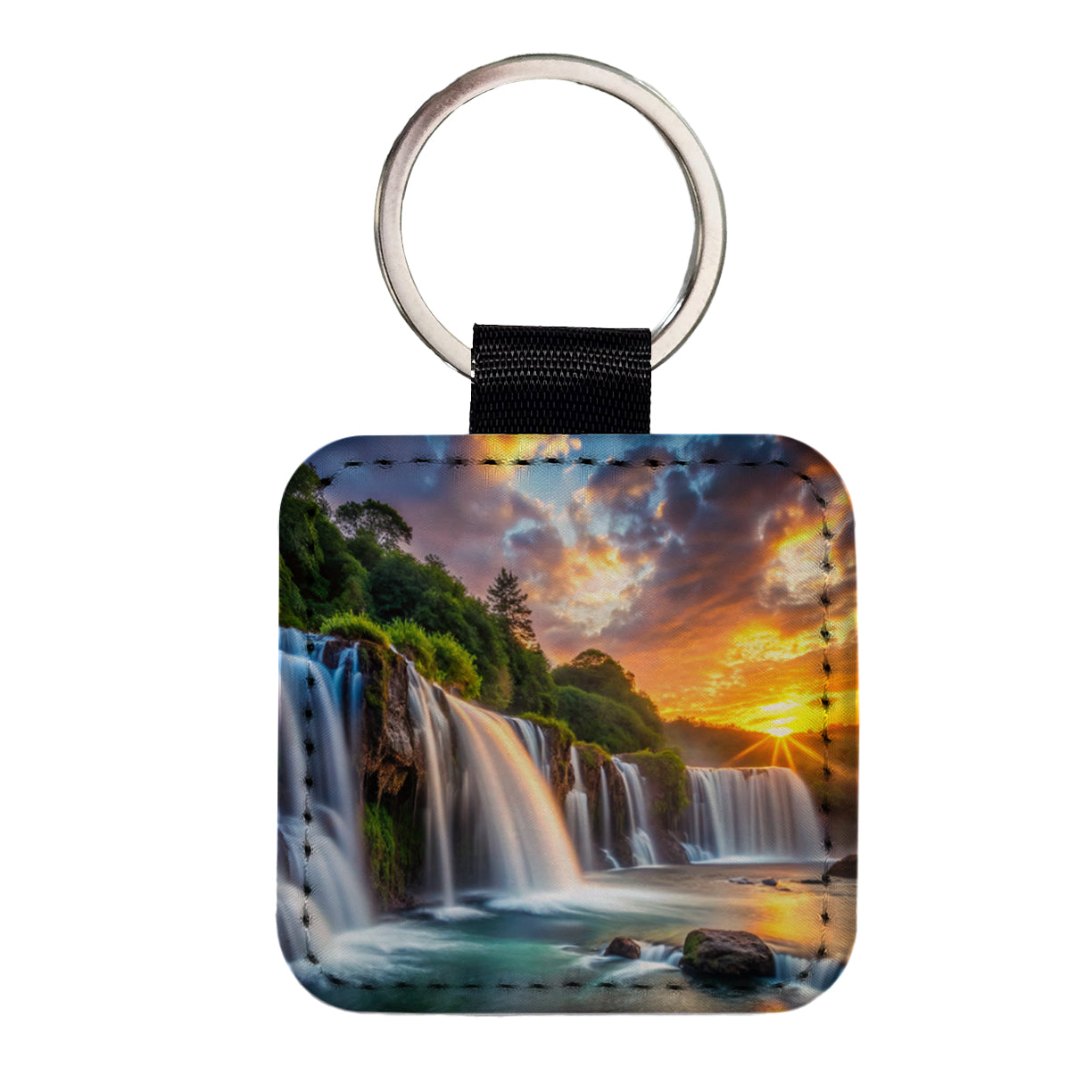 Waterfalls At Sunset Square Faux Leather Keychain
