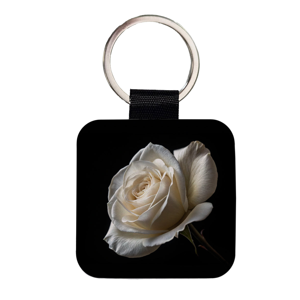 White Rose Square Faux Leather Keychain