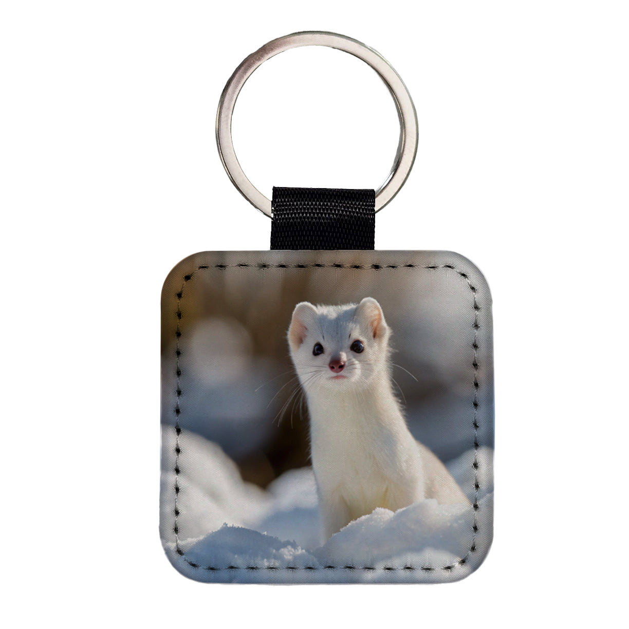 White Stoat Ermine In Snow Square Faux Leather Keychain