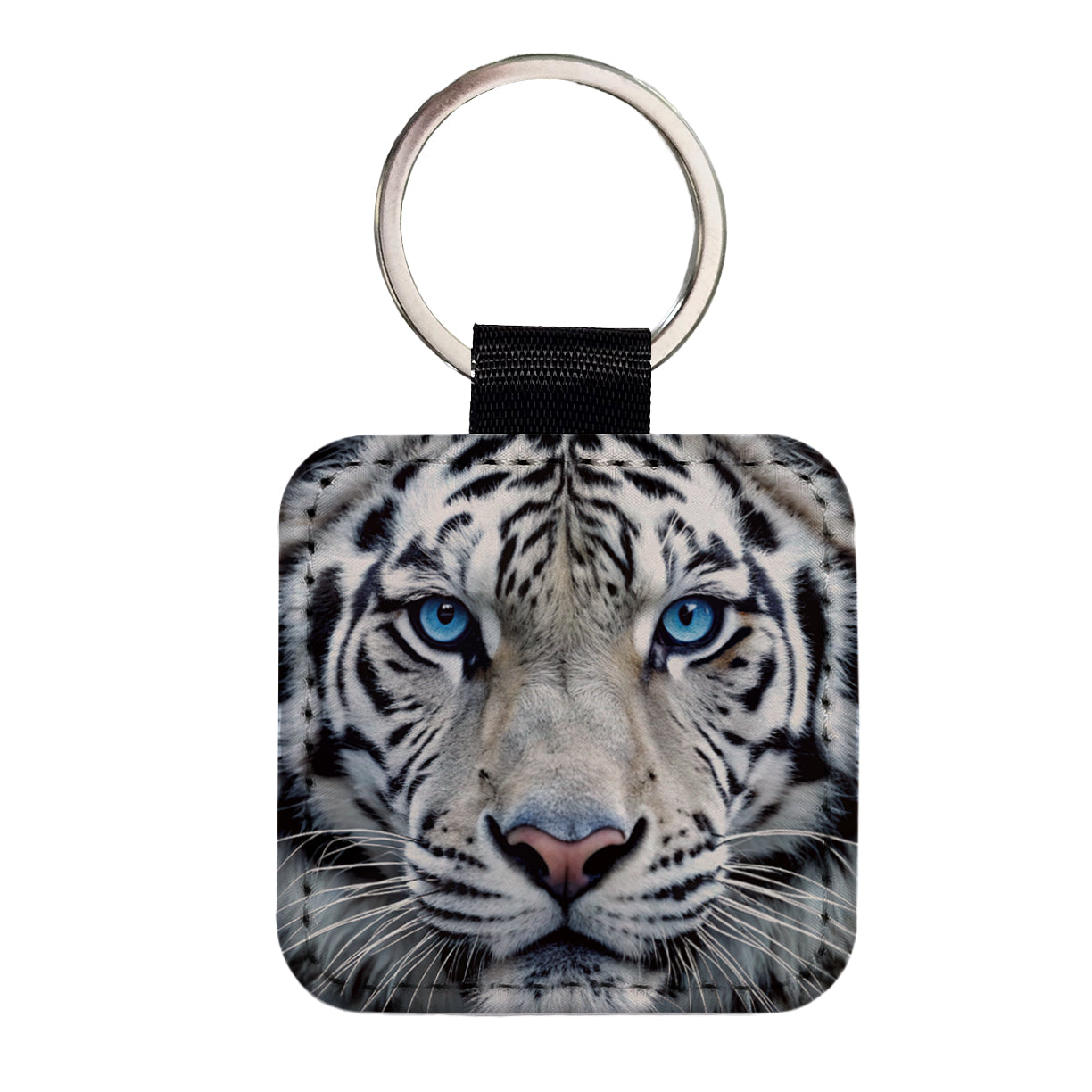 White Tiger Face Square Faux Leather Keychain