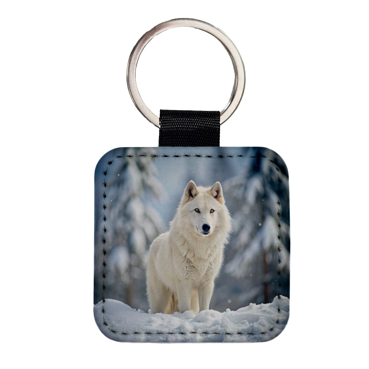 White Wolf In The Snow Square Faux Leather Keychain