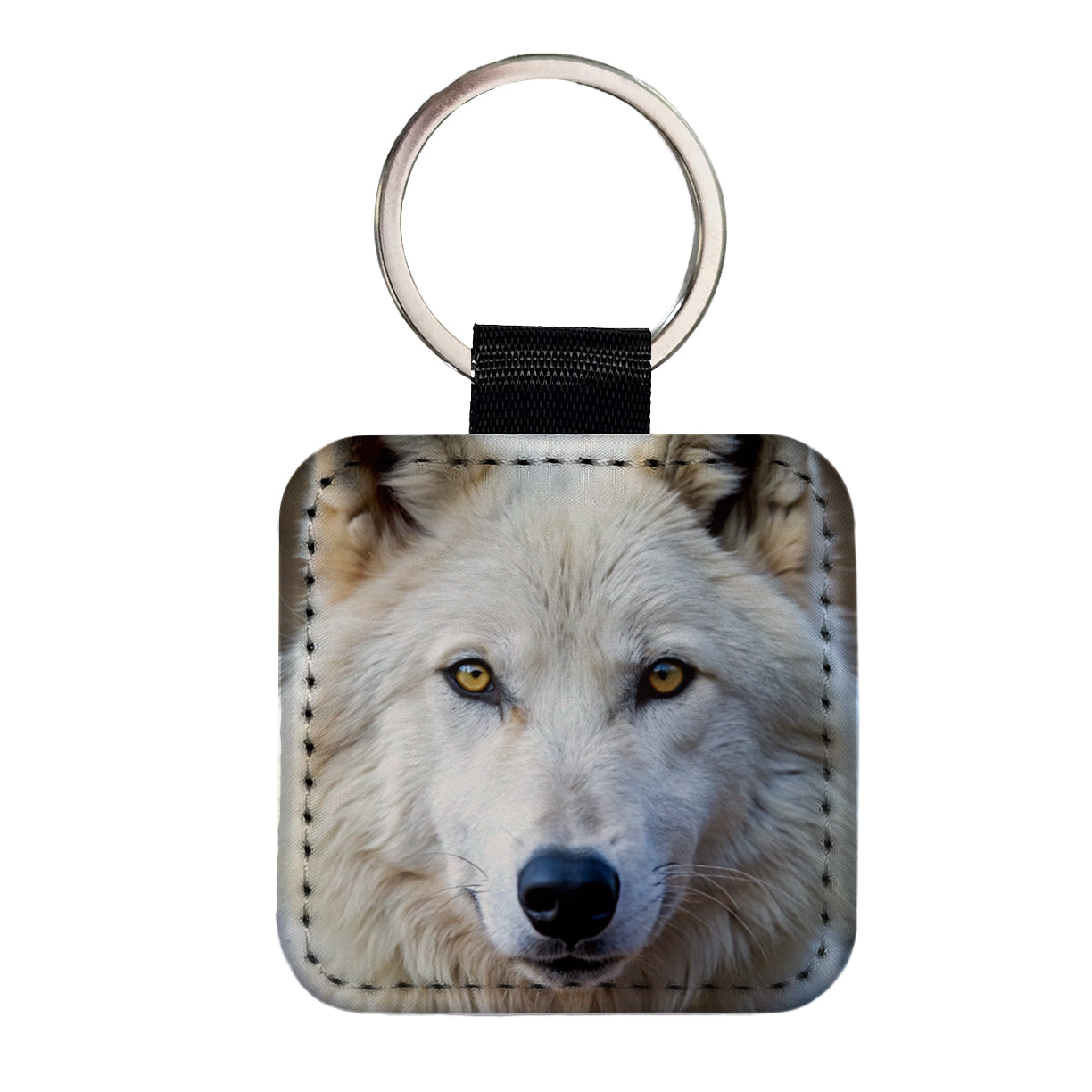 White Wolf Square Faux Leather Keychain