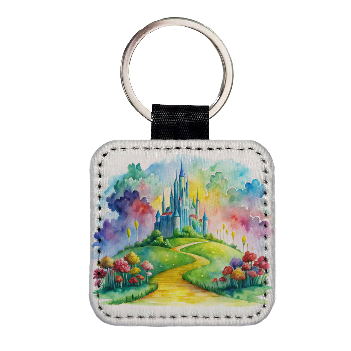 Emerald City Watercolor Square Faux Leather Keychain