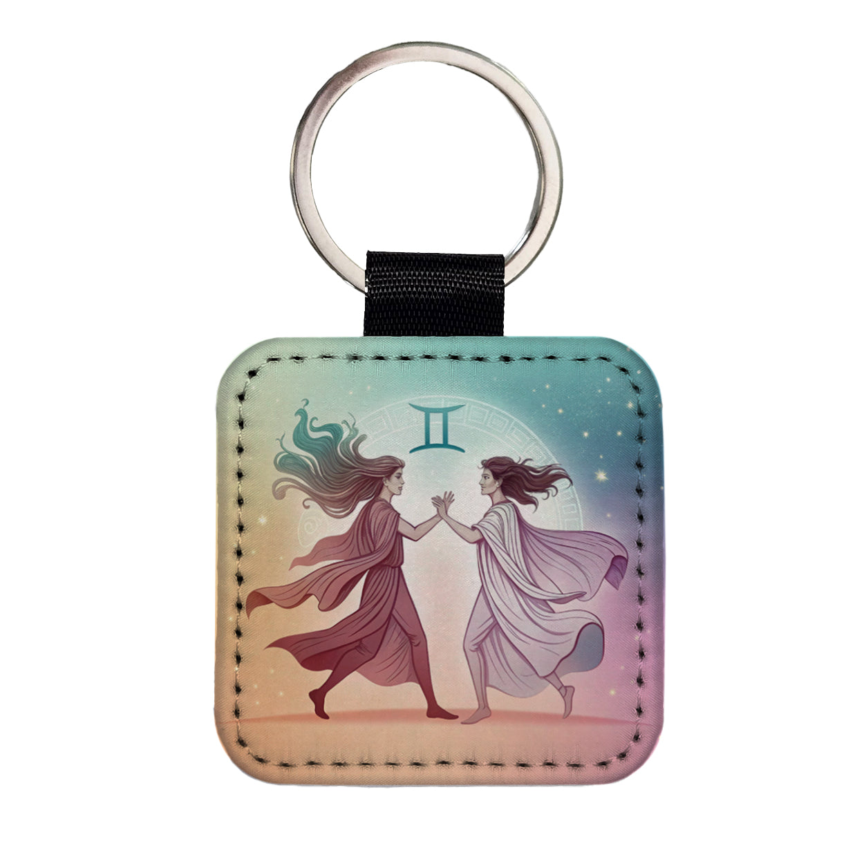 Zodiac Horoscope Symbol Gemini Twins Square Faux Leather Keychain