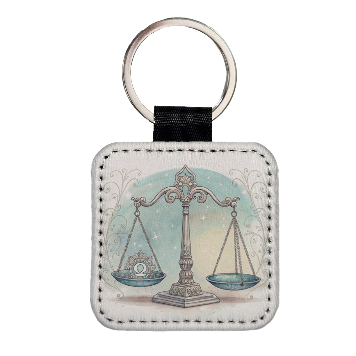 Zodiac Horoscope Symbol Libra Scales Square Faux Leather Keychain