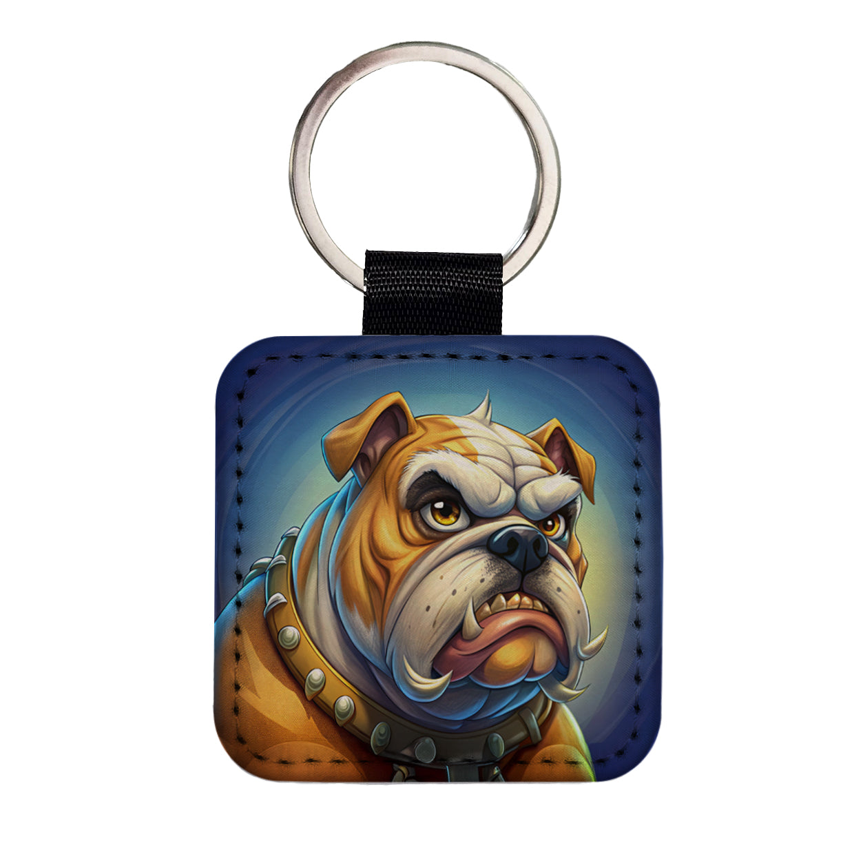 Angry Mad Bulldog Face School Mascot Square Faux Leather Keychain