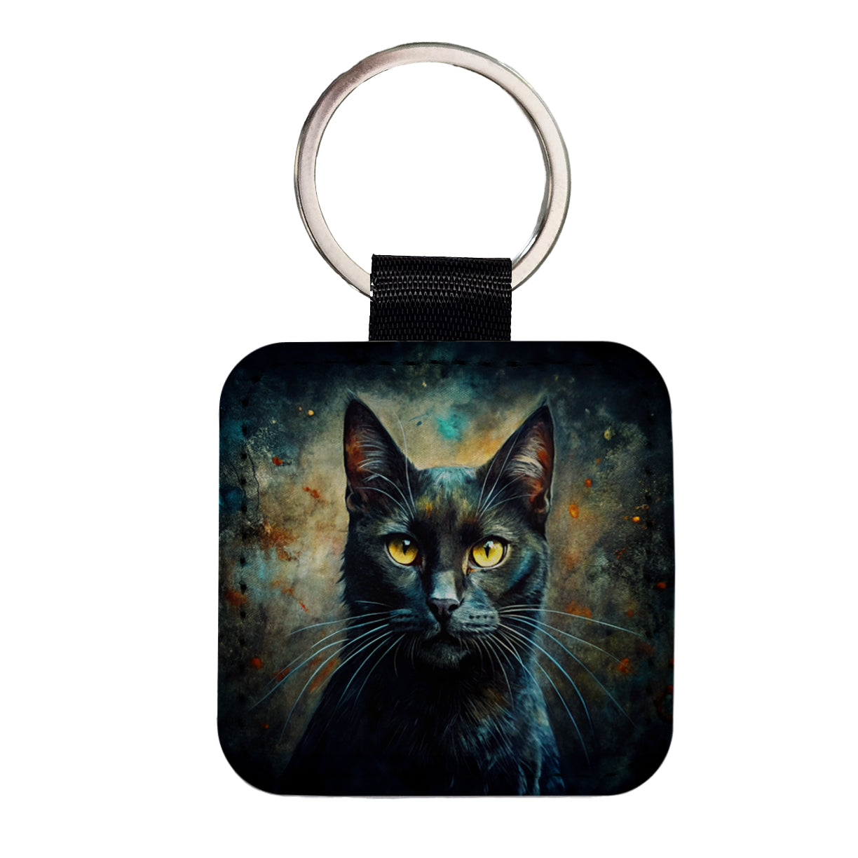 Black Cat Abstract Art Square Faux Leather Keychain