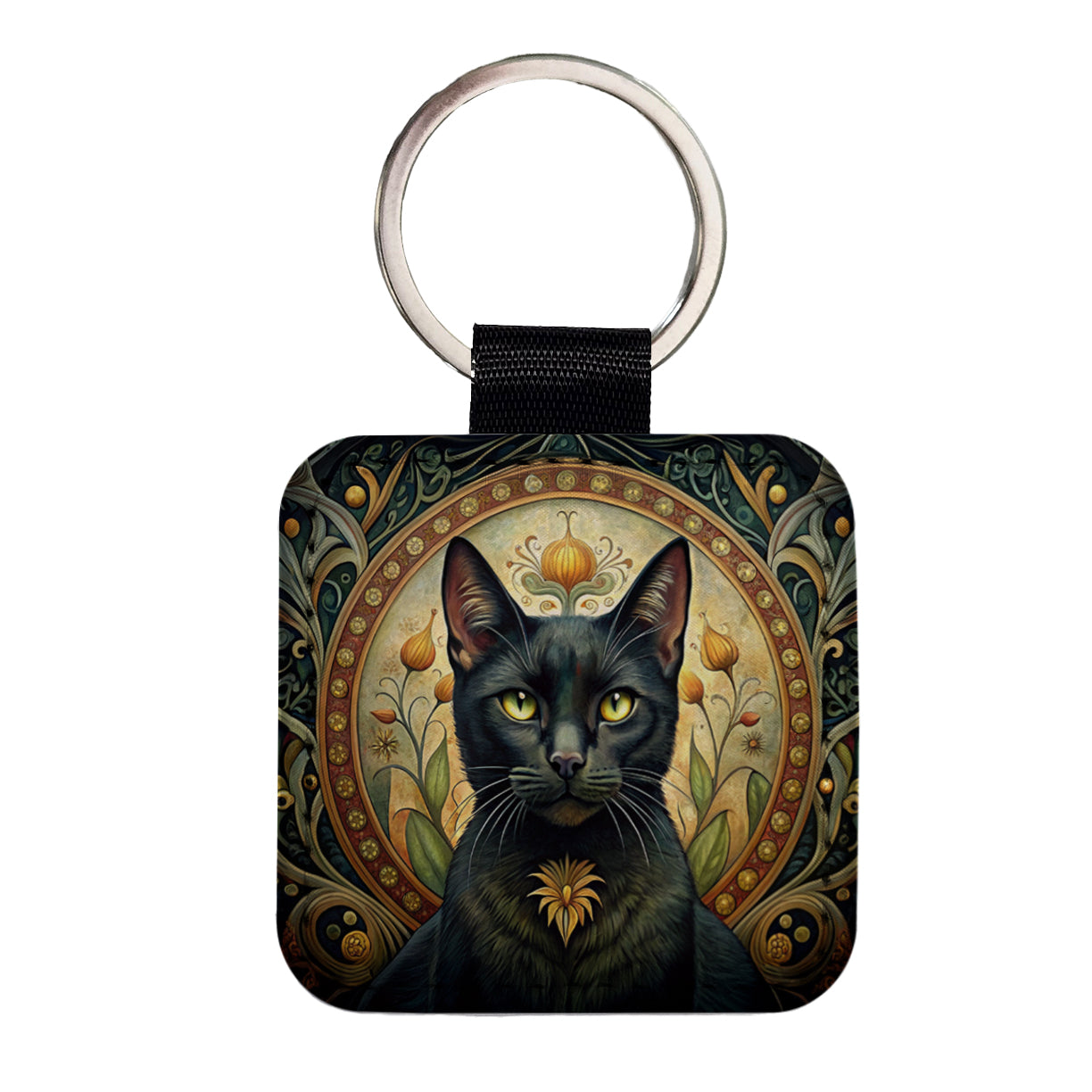 Black Cat Art Nouveau Square Faux Leather Keychain
