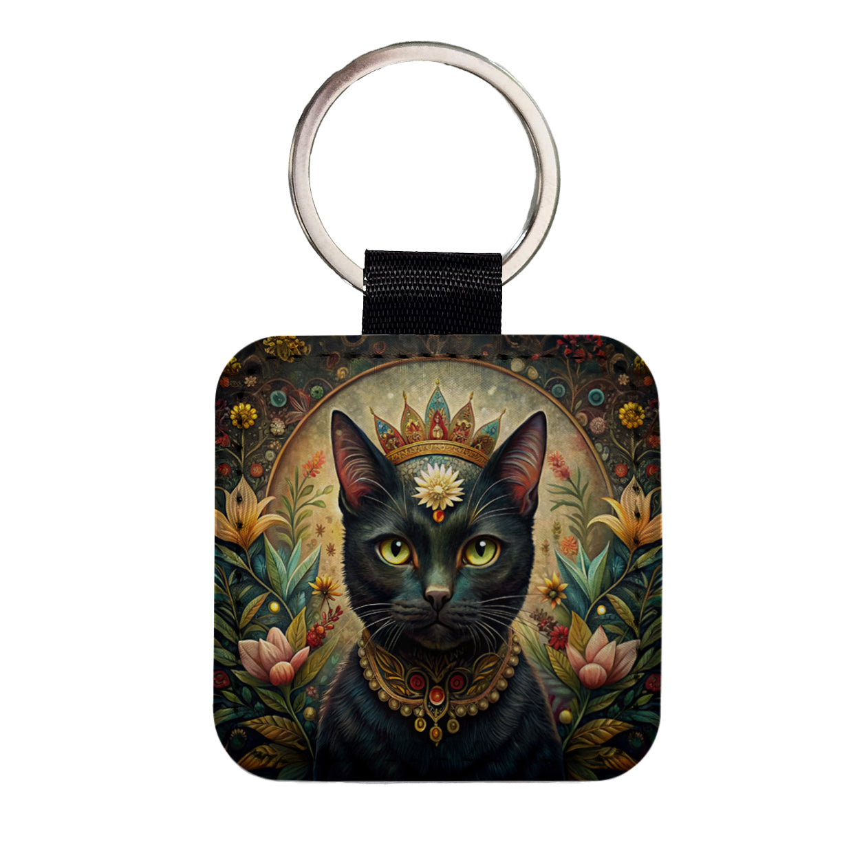 Black Cat French Bohemian Art Square Faux Leather Keychain