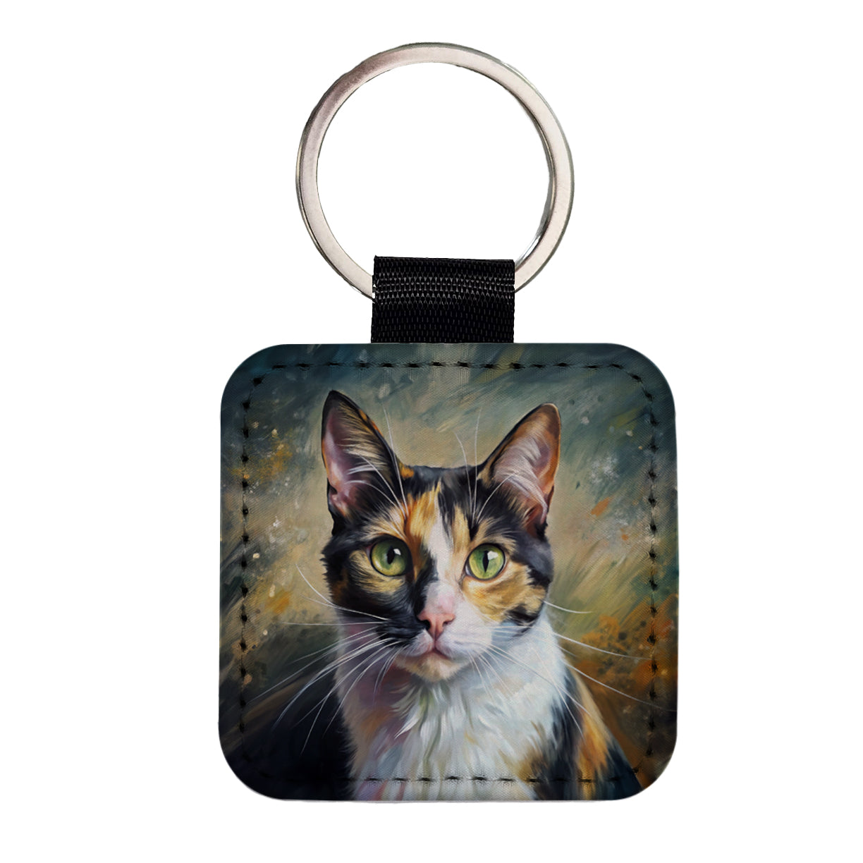 Calico Cat Expressionism Art Square Faux Leather Keychain