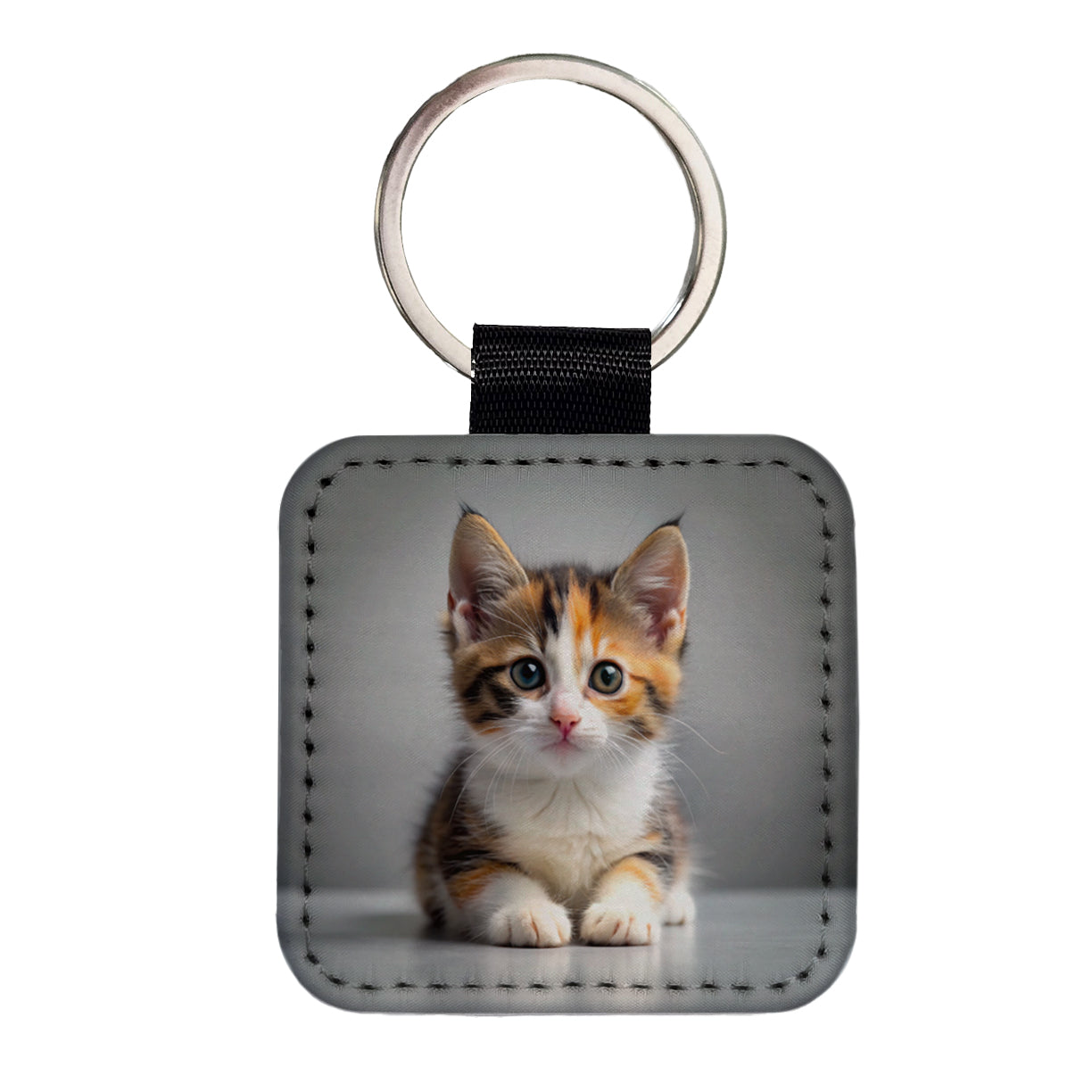 Calico Cat Kitten Photo Square Faux Leather Keychain