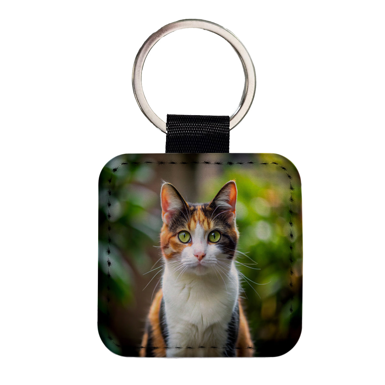 Calico Cat Photo Square Faux Leather Keychain