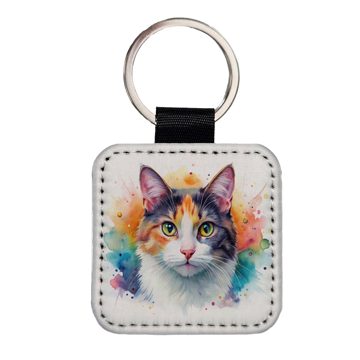 Calico Cat Watercolor Style Square Faux Leather Keychain