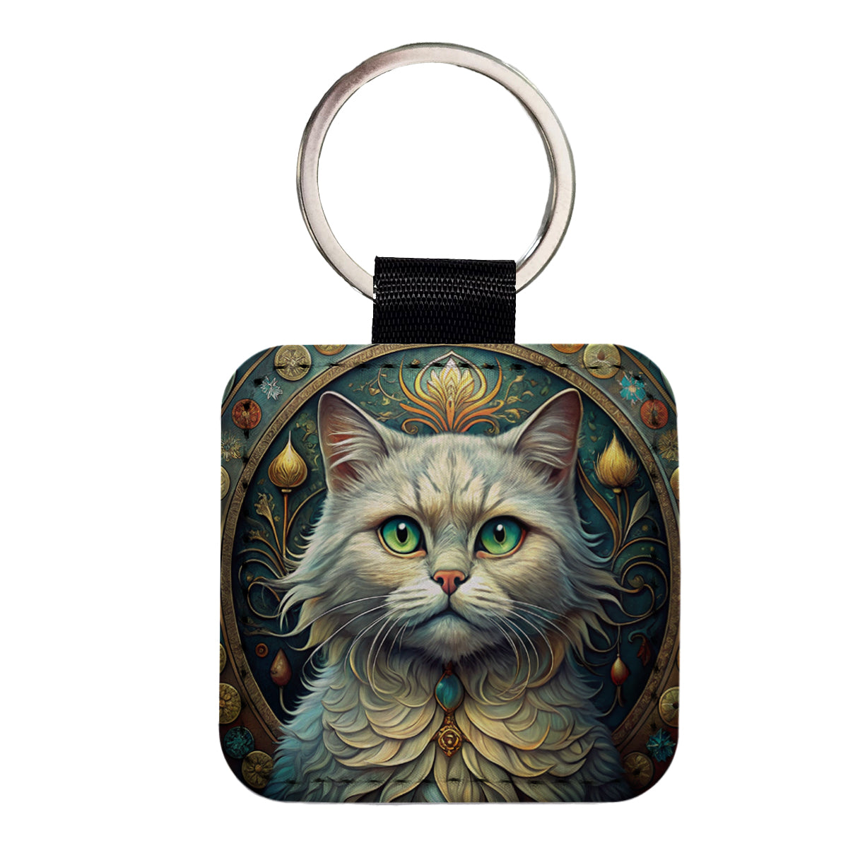 Persian Cat Art Nouveau Square Faux Leather Keychain