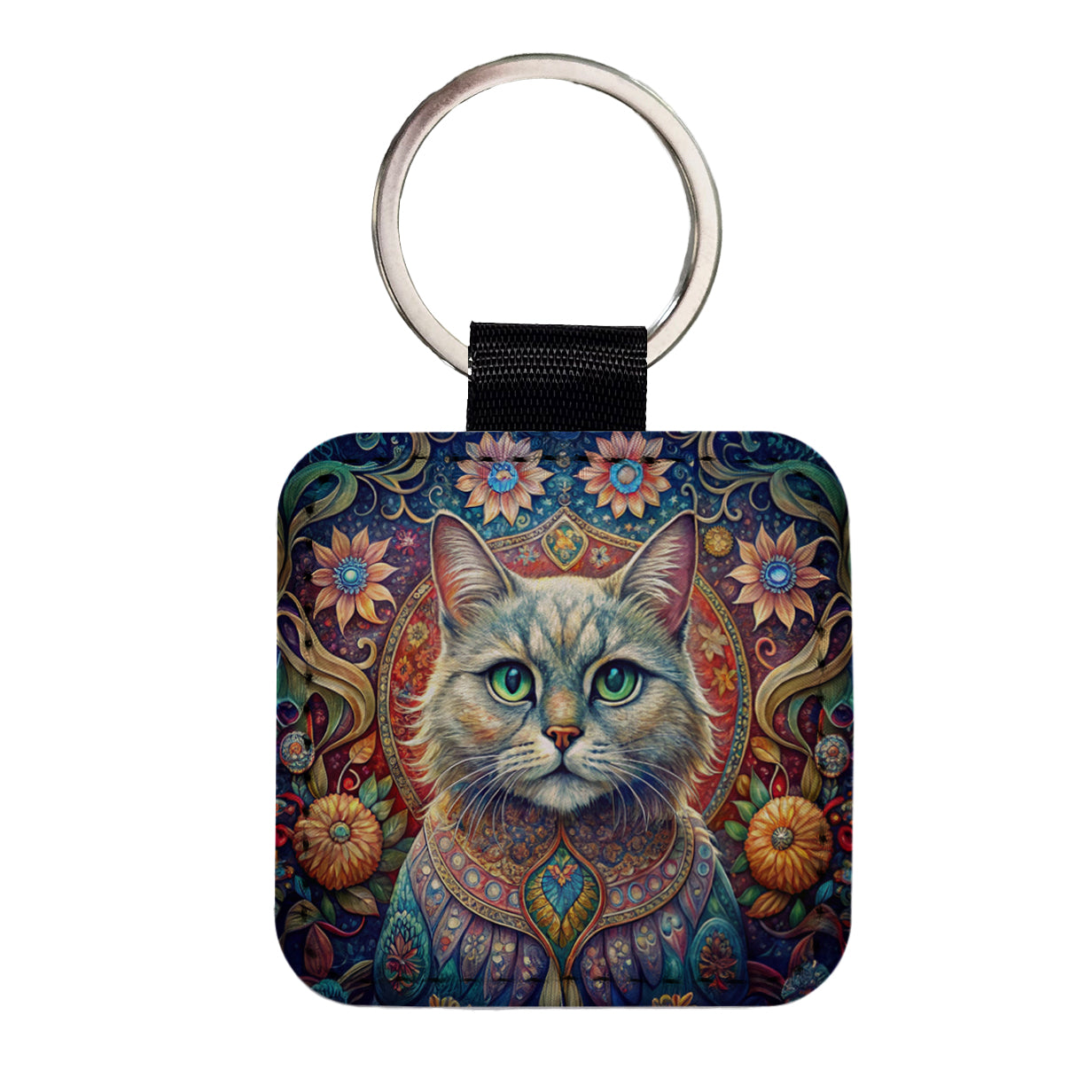 Persian Cat Bohemian Art Square Faux Leather Keychain
