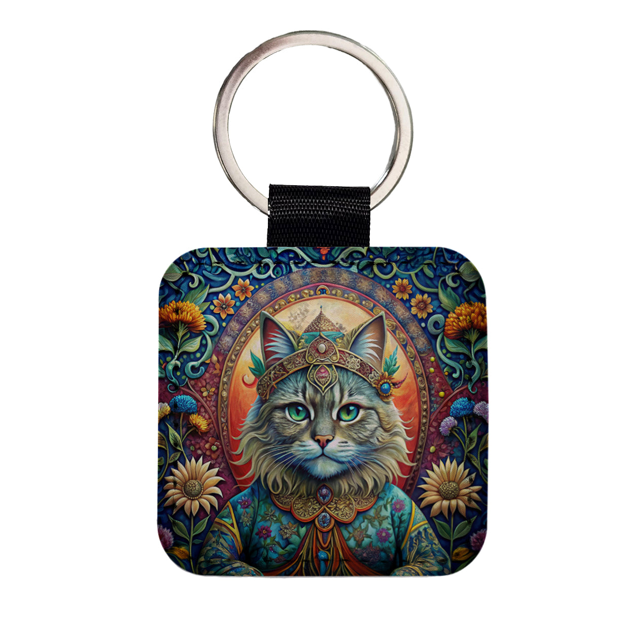 Persian Cat French Bohemian Art Square Faux Leather Keychain