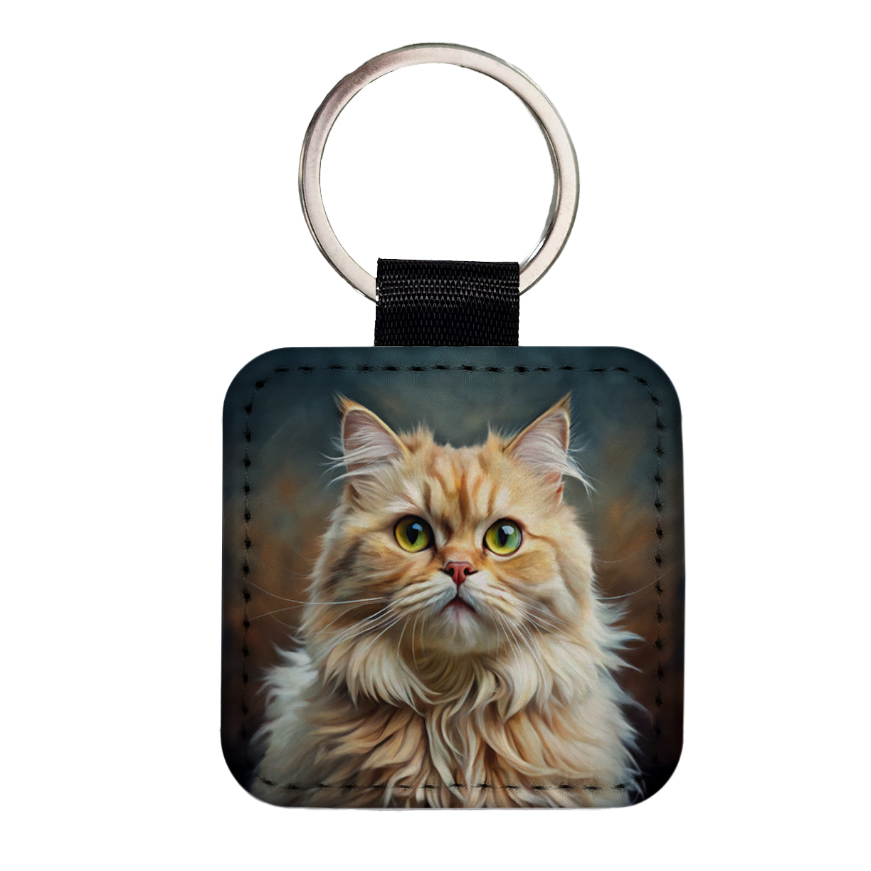 Persian Cat Illustration Square Faux Leather Keychain