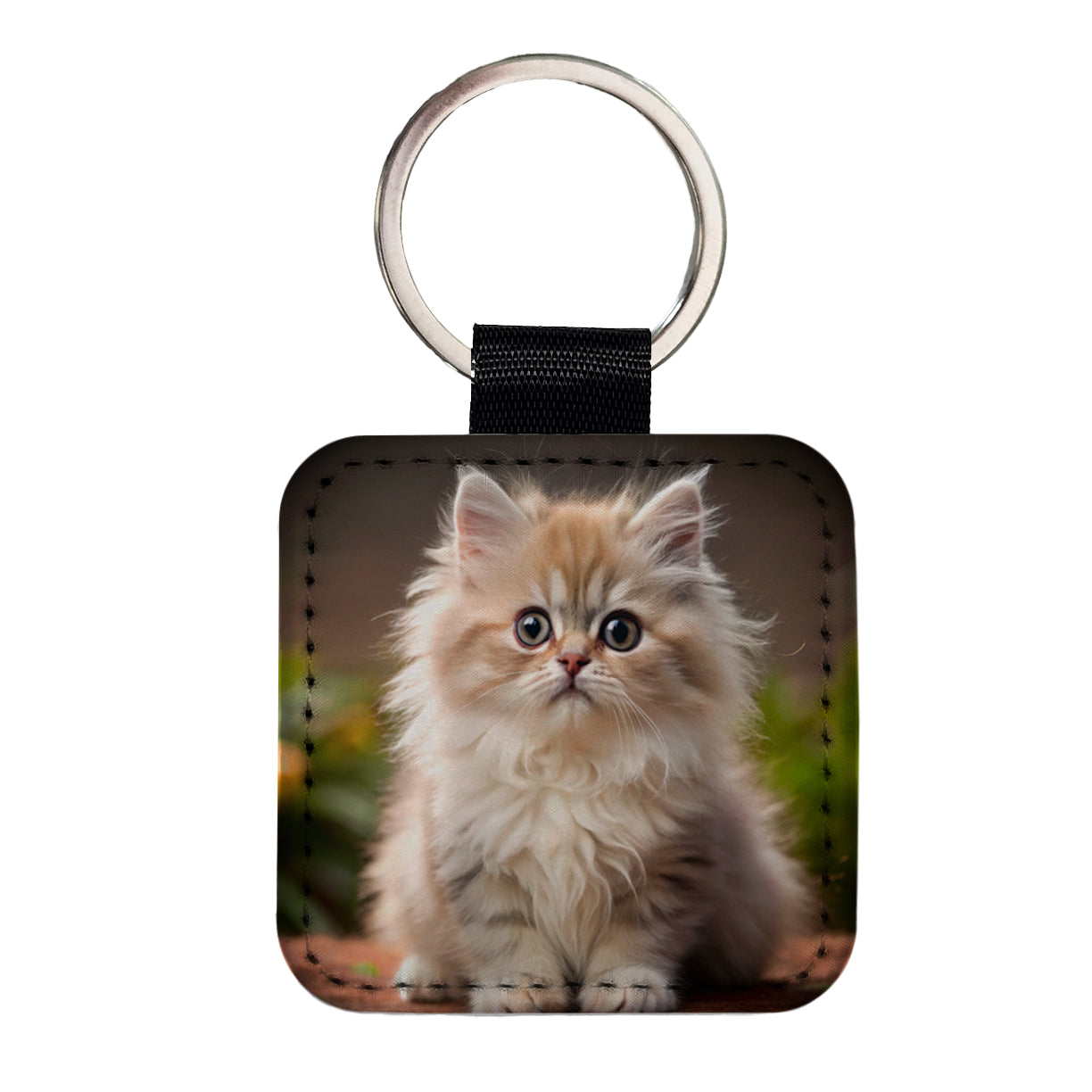 Persian Cat Kitten Photo Square Faux Leather Keychain