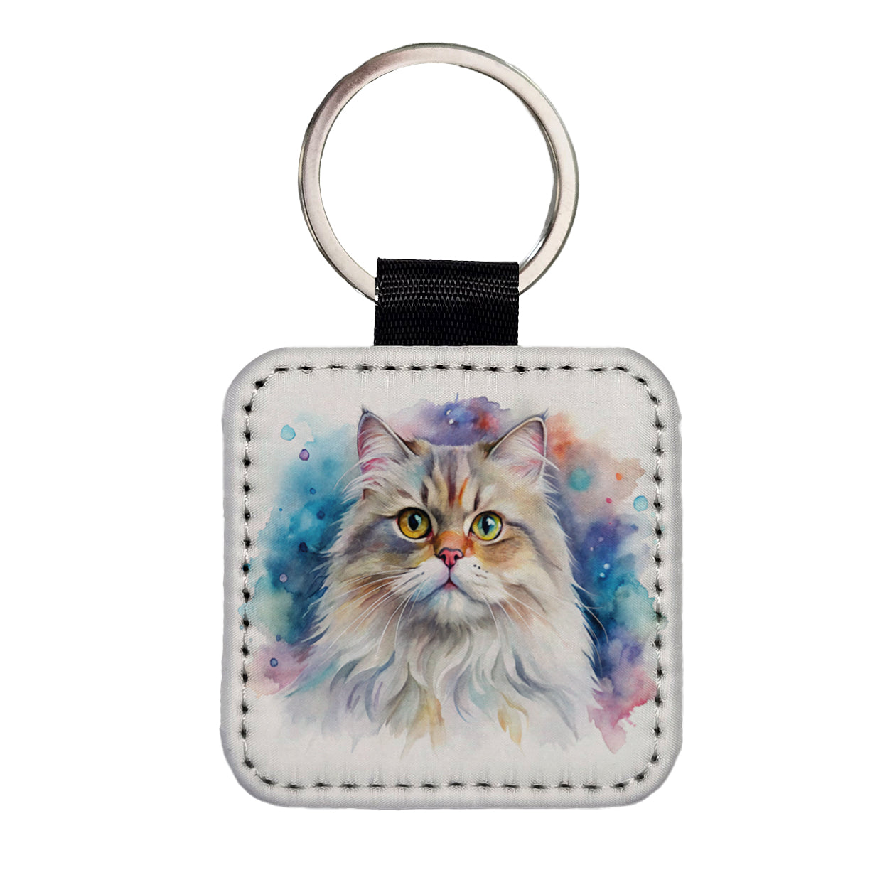 Persian Cat Watercolor Style Square Faux Leather Keychain