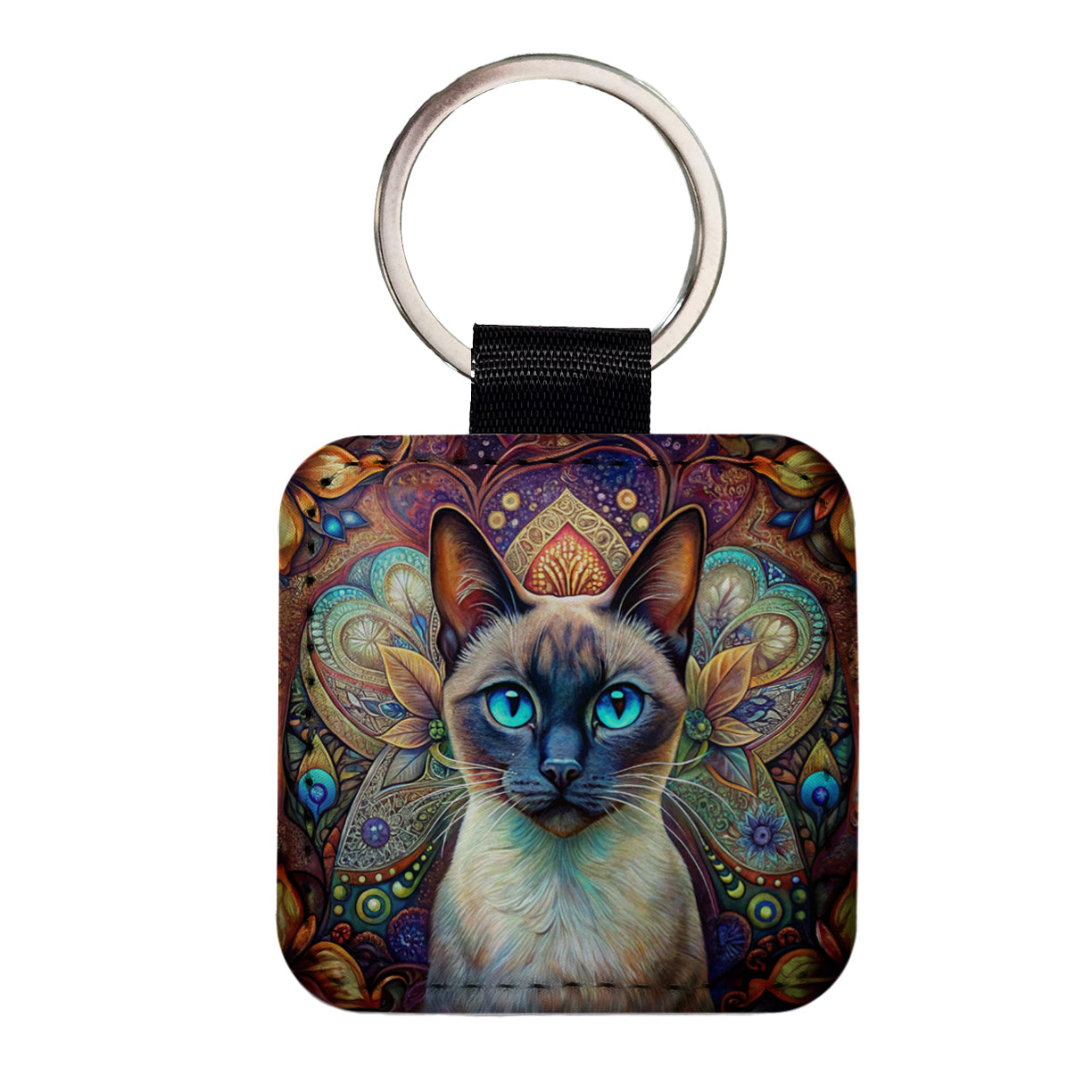 Siamese Cat Bohemian Art Square Faux Leather Keychain