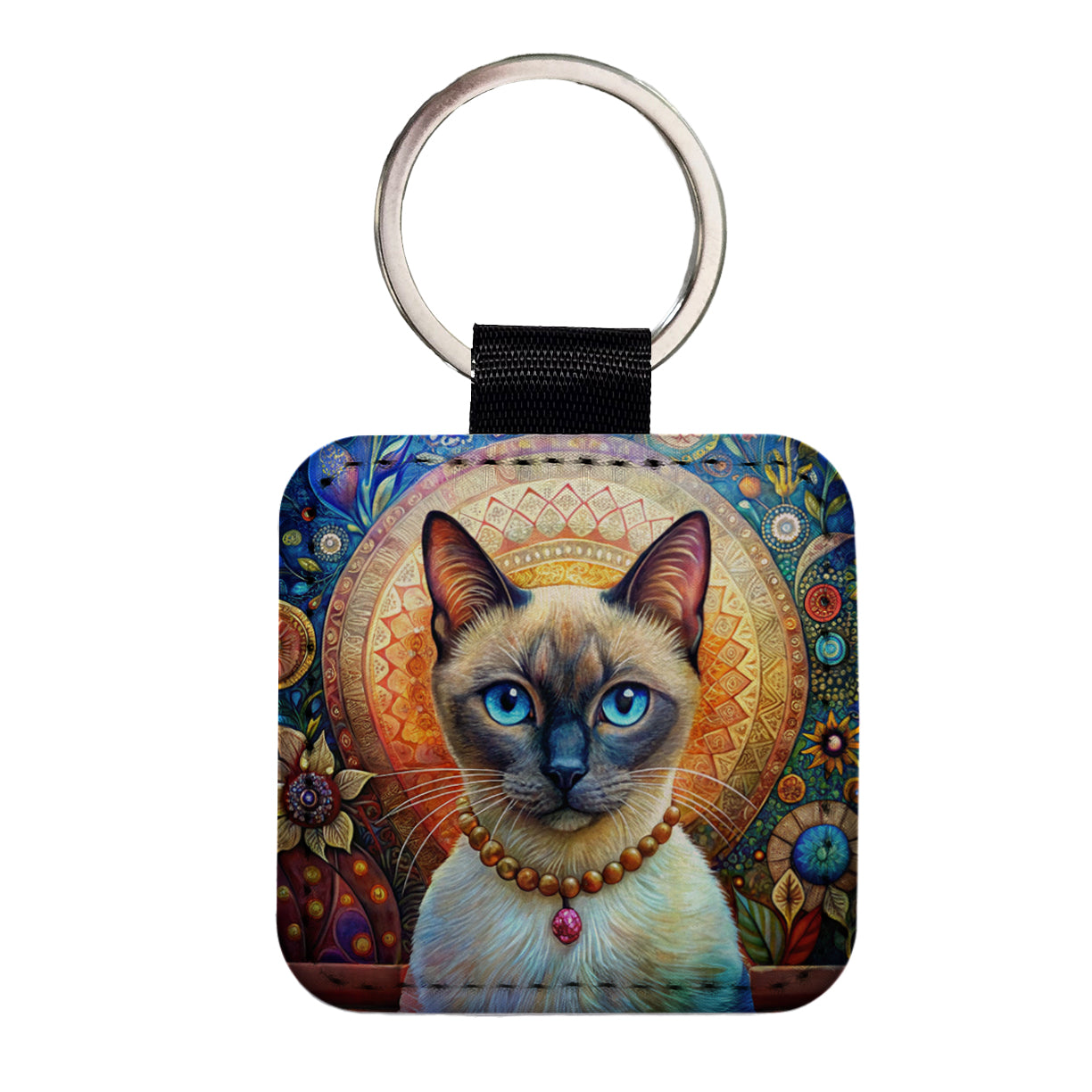 Siamese Cat French Bohemian Art Square Faux Leather Keychain