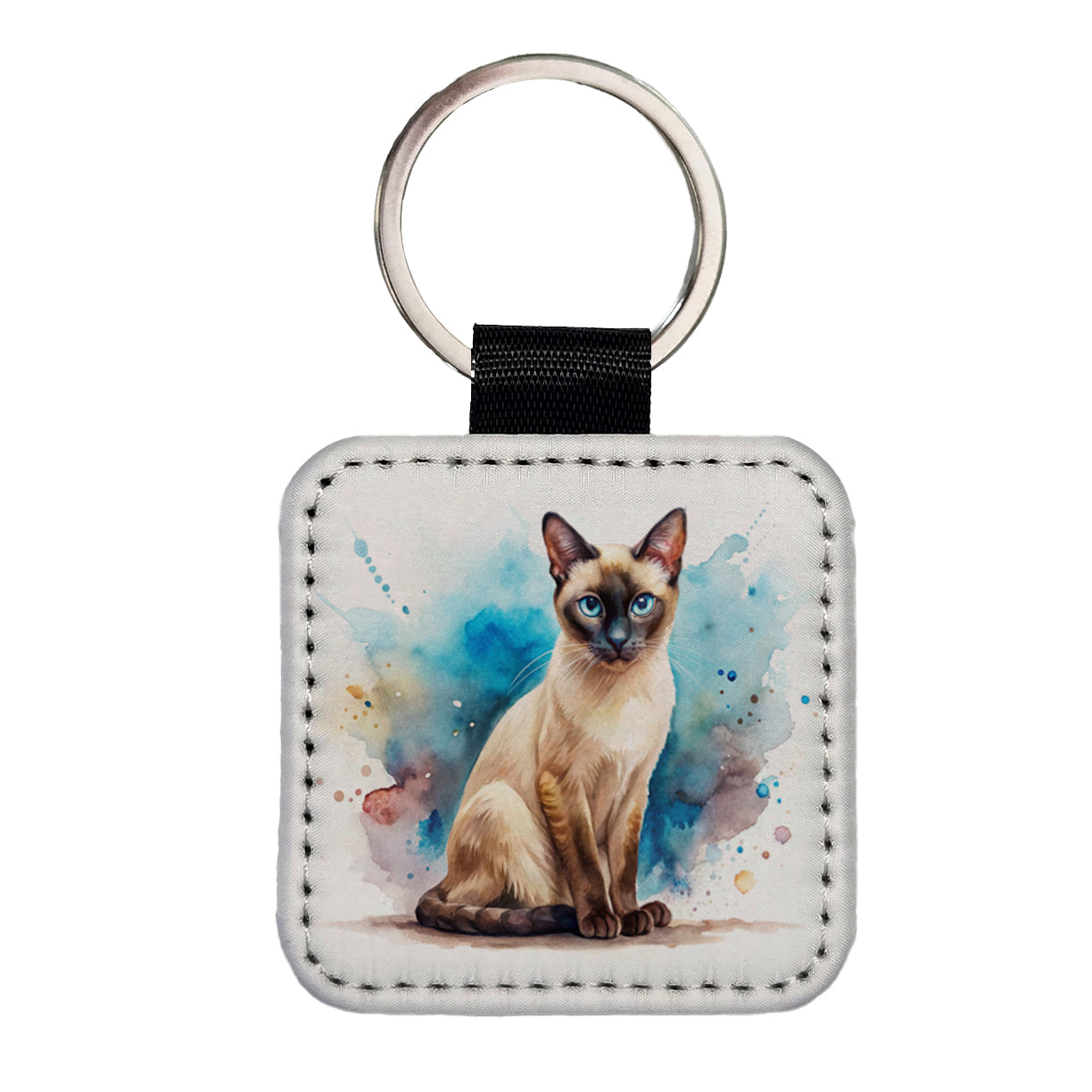 Siamese Cat Watercolor Style Square Faux Leather Keychain
