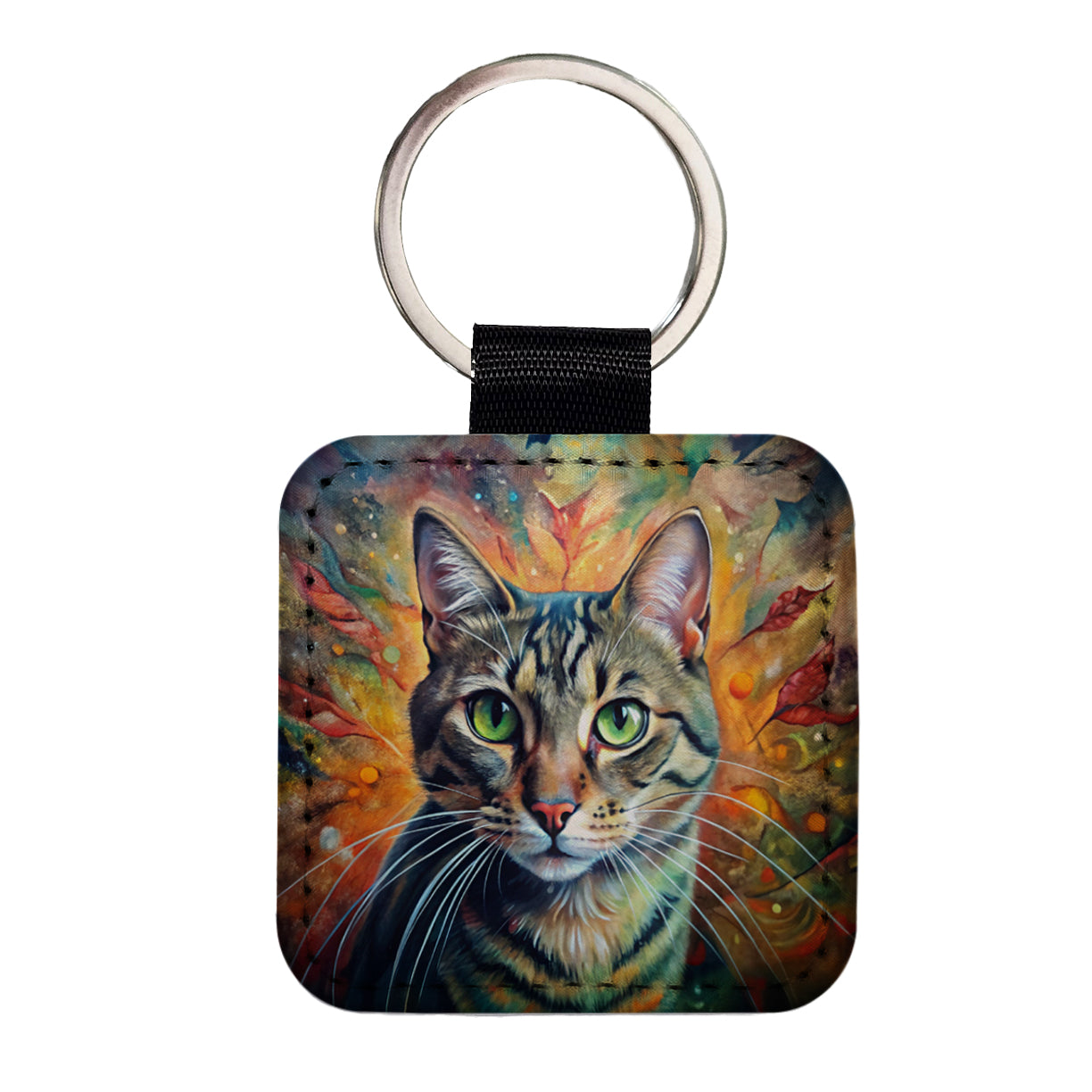 Tabby Cat Abstract Art Square Faux Leather Keychain