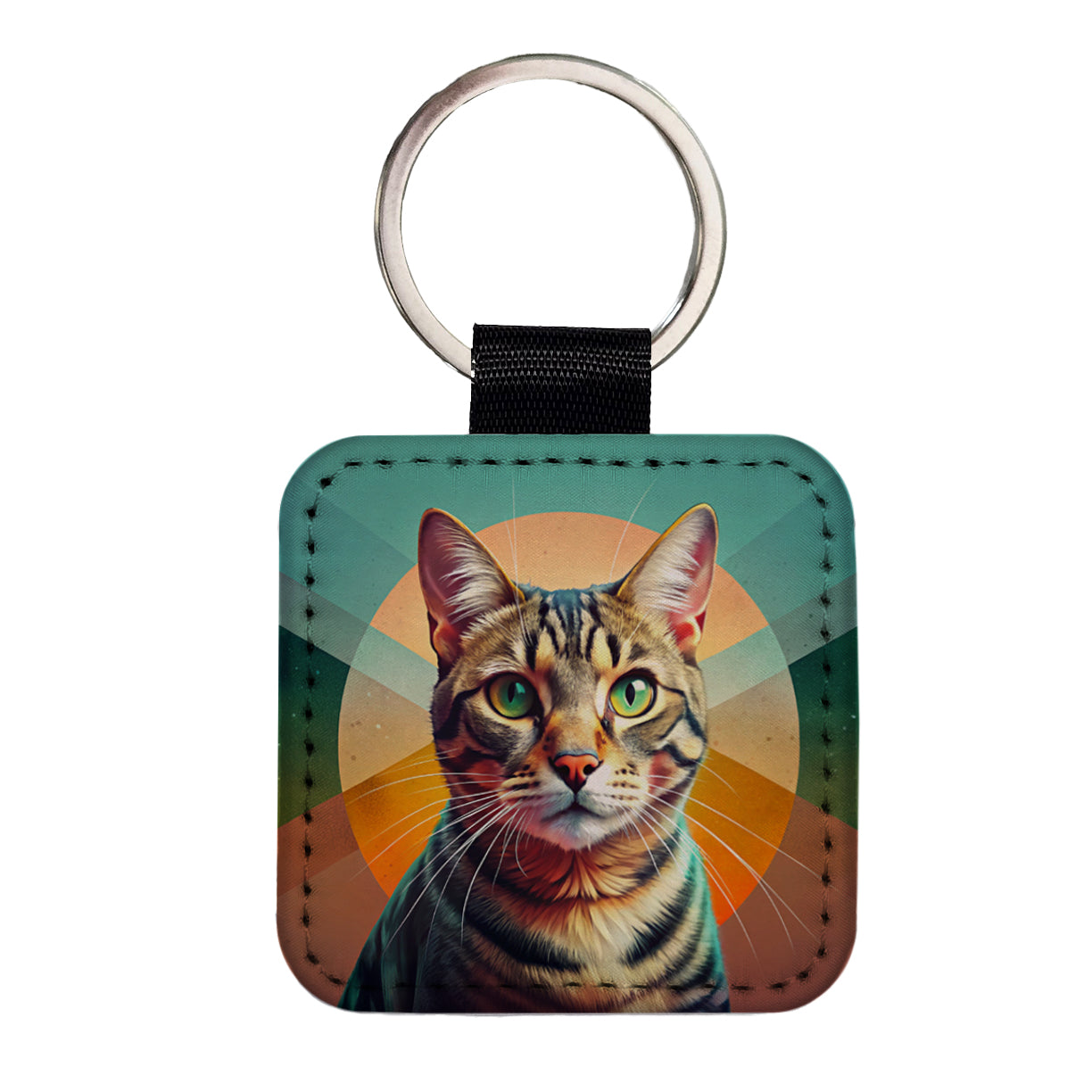 Tabby Cat Contemporary Art Square Faux Leather Keychain