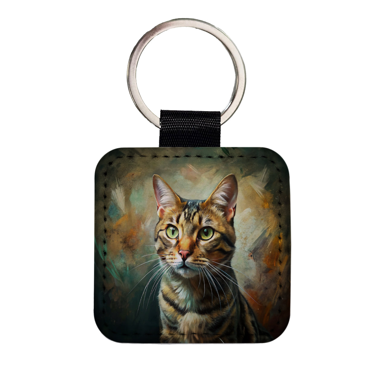 Tabby Cat Expressionism Art Square Faux Leather Keychain