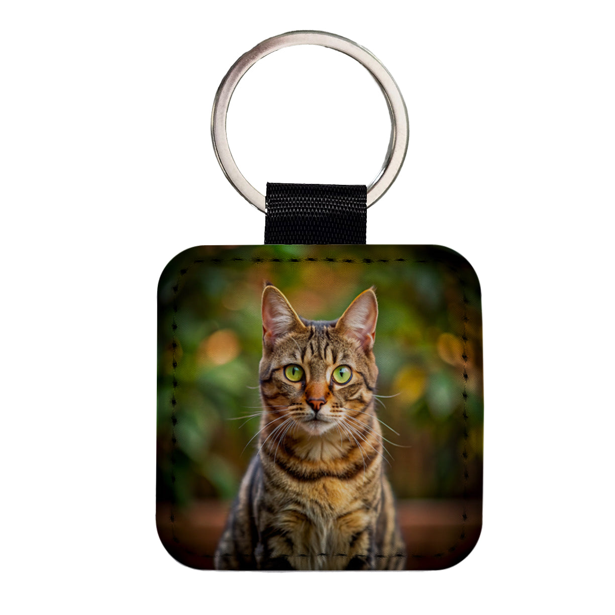 Tabby Cat Photo Square Faux Leather Keychain