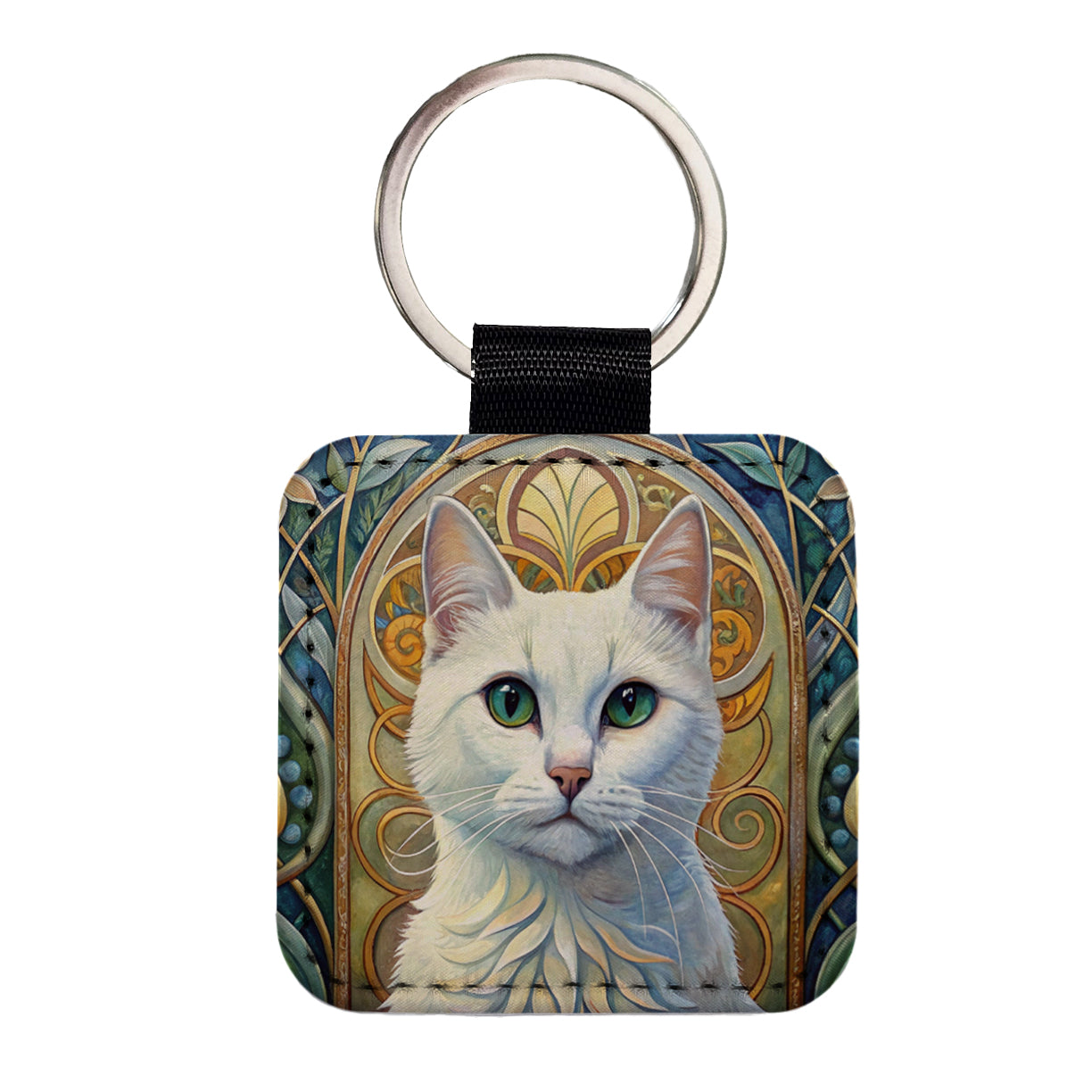 White Cat Art Nouveau Square Faux Leather Keychain