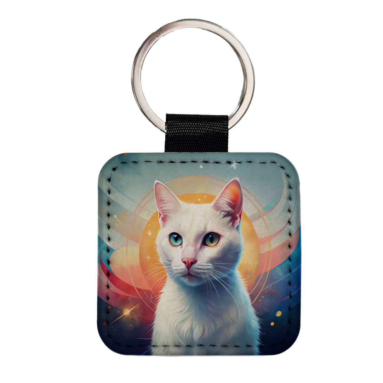 White Cat Contemporary Art Square Faux Leather Keychain