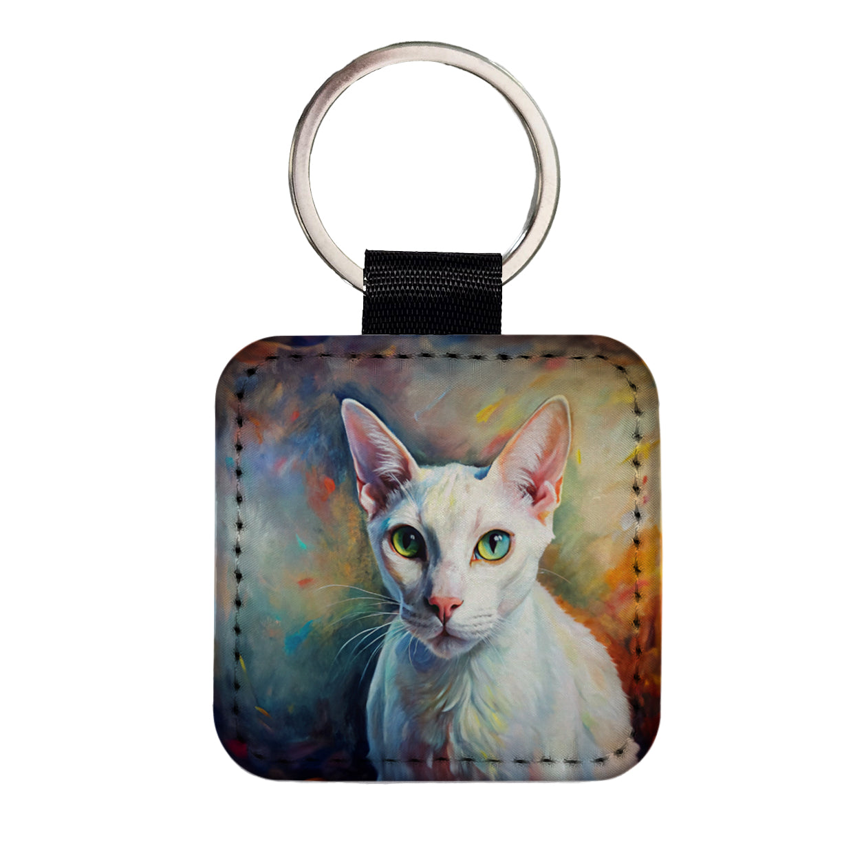White Cat Expressionism Art Square Faux Leather Keychain