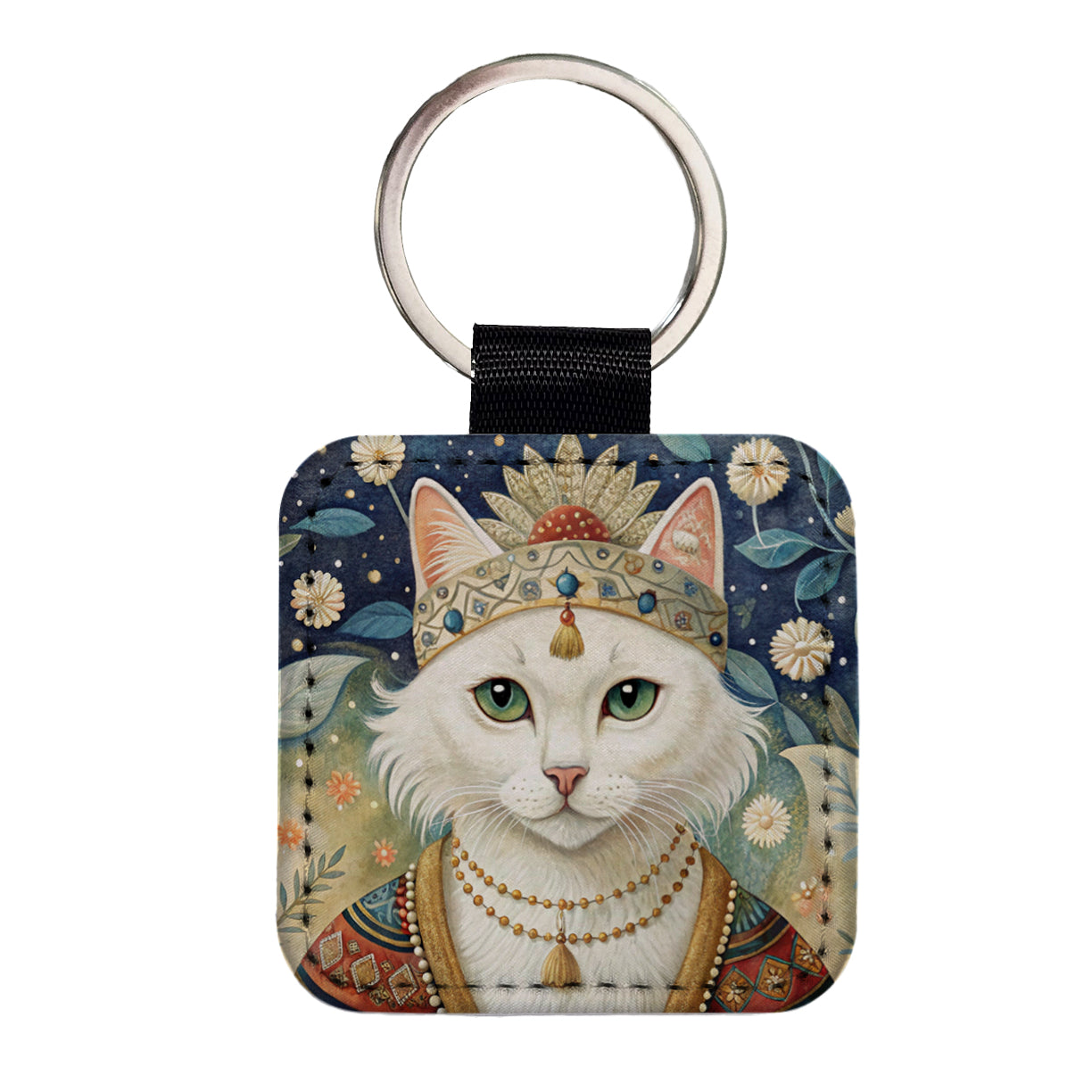 White Cat French Bohemian Art Square Faux Leather Keychain