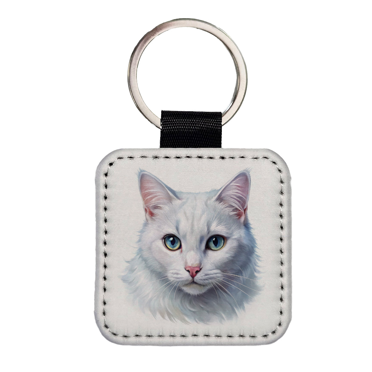 White Cat Illustration Square Faux Leather Keychain