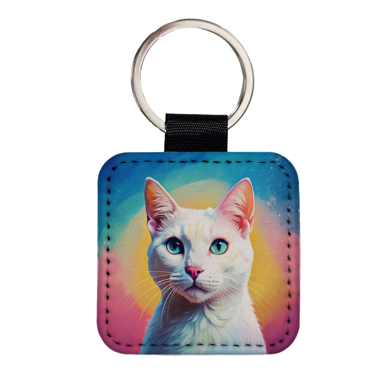 White Cat Pop Art Square Faux Leather Keychain