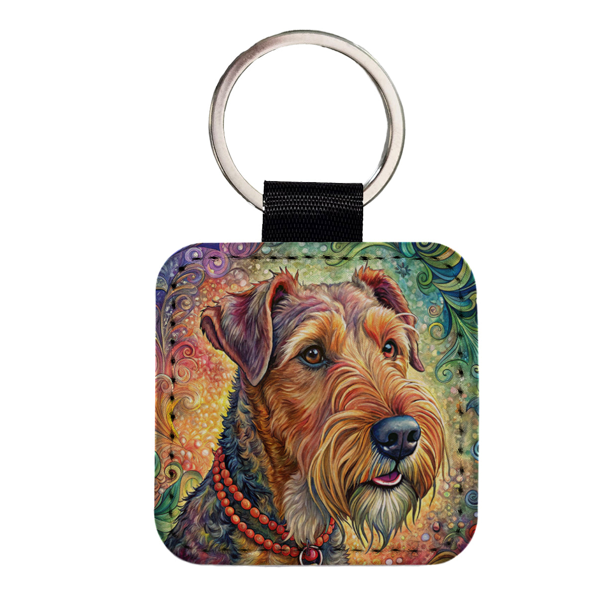 Airedale Terrier Dog French Bohemian Art Square Faux Leather Keychain