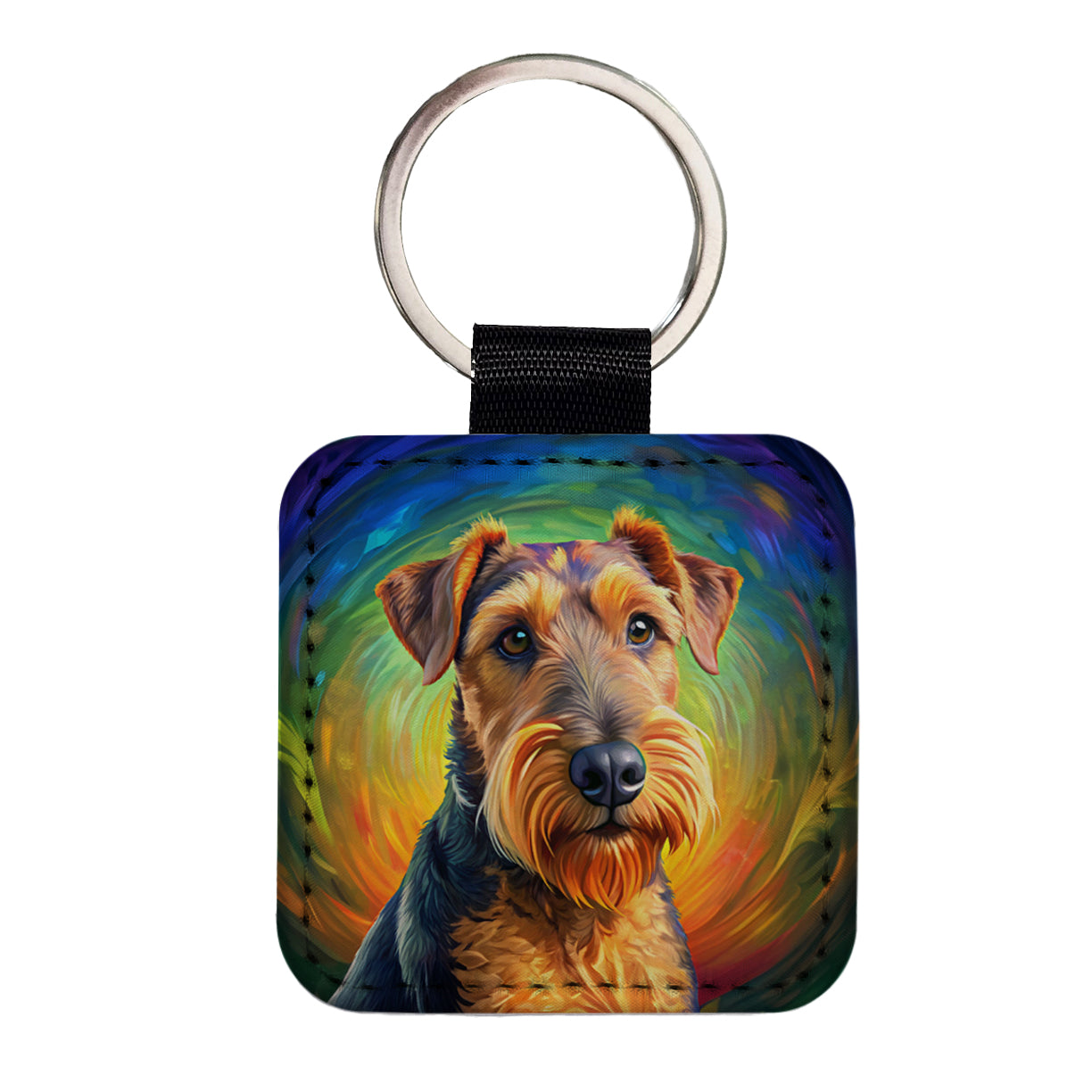 Airedale Terrier Dog Pop Art Square Faux Leather Keychain
