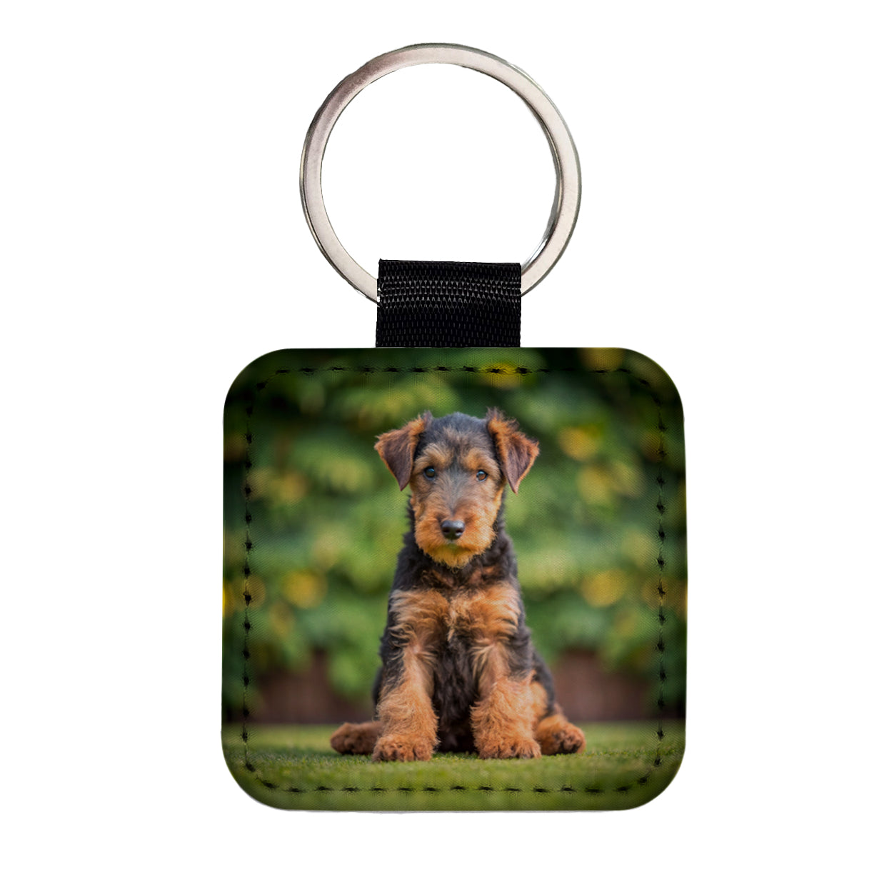 Airedale Terrier Dog Puppy Photo Square Faux Leather Keychain