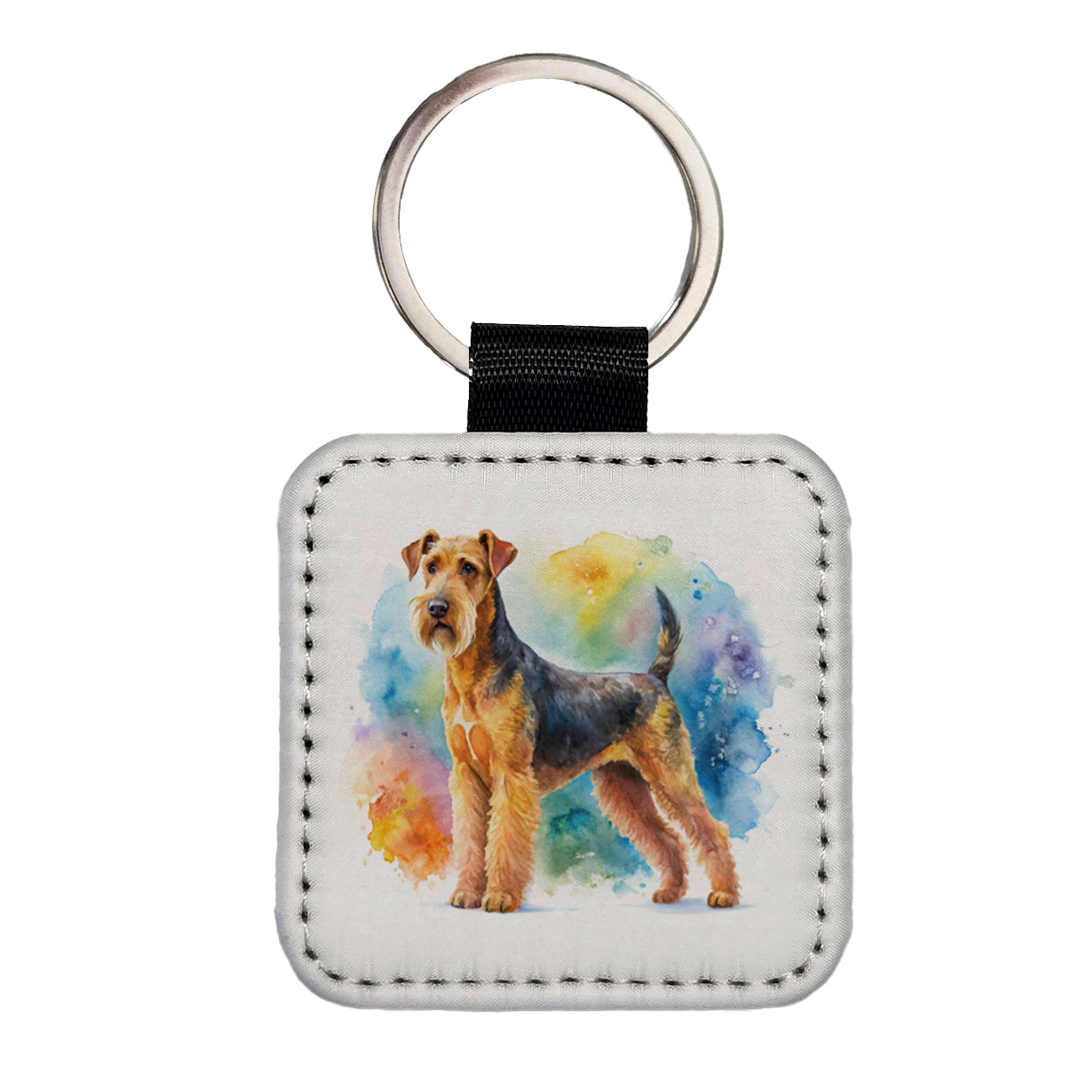 Airedale Terrier Dog Watercolor Style Square Faux Leather Keychain