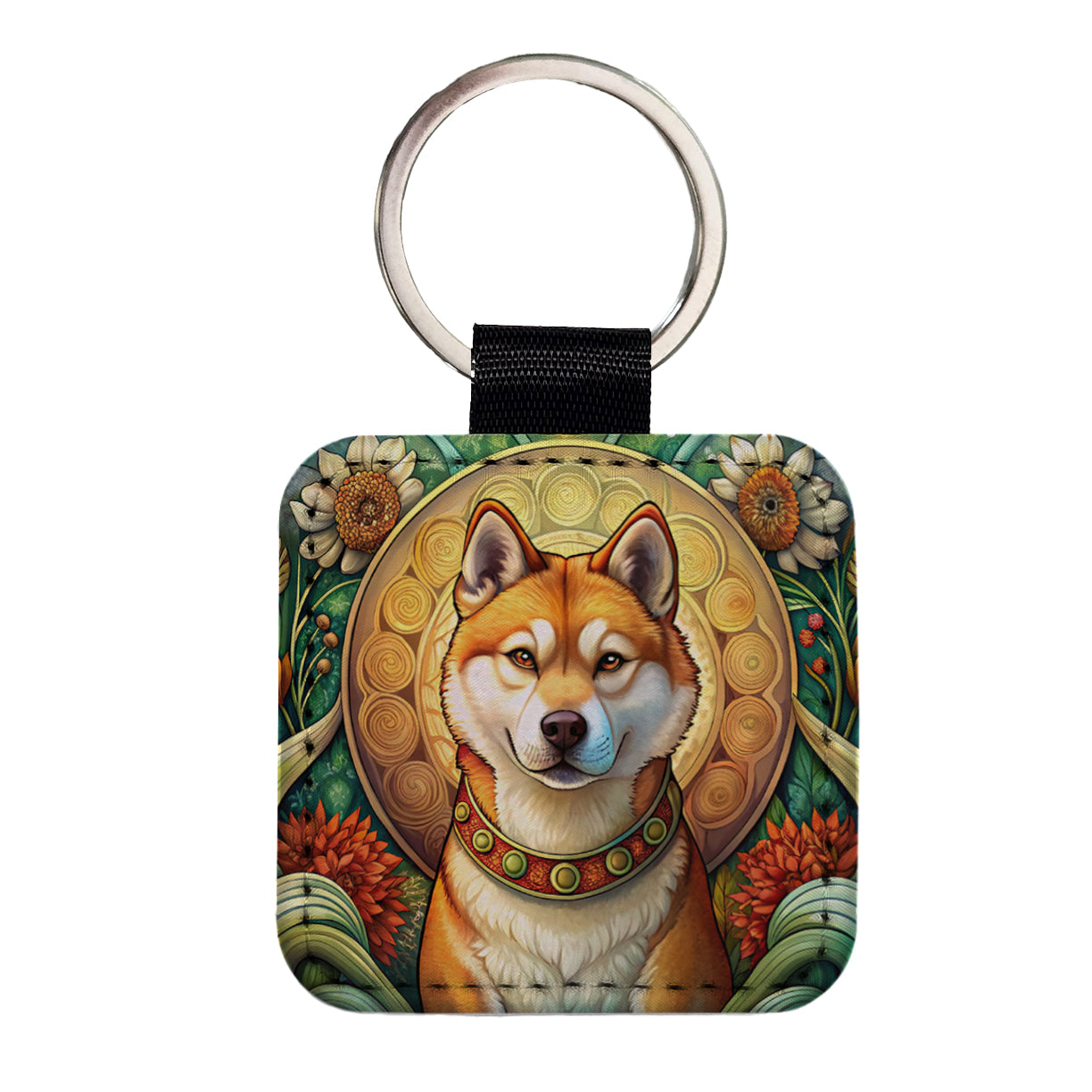 Akita Dog Art Nouveau Square Faux Leather Keychain