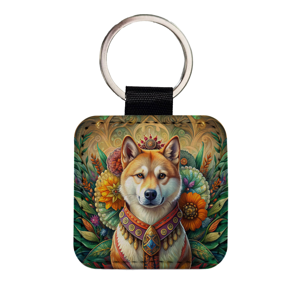 Akita Dog French Bohemian Art Square Faux Leather Keychain