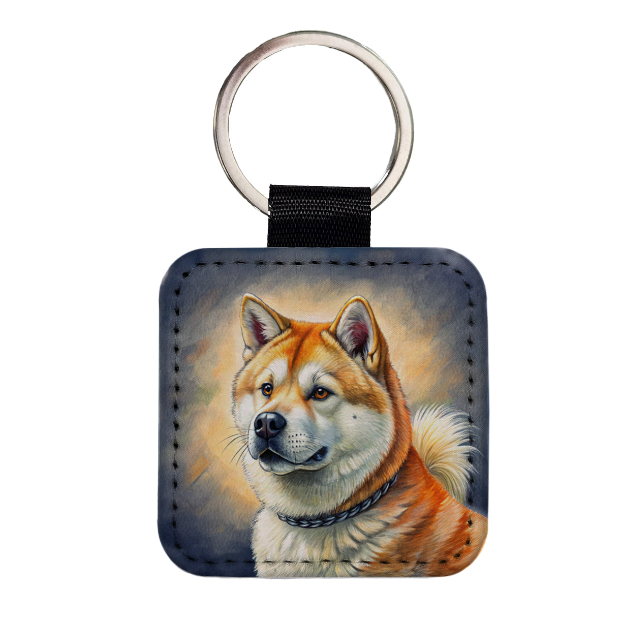 Akita Dog Illustration Square Faux Leather Keychain