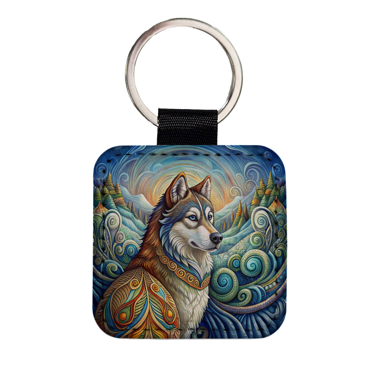 Alaskan Malamute Dog Art Nouveau Square Faux Leather Keychain