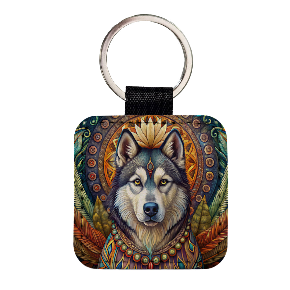 Alaskan Malamute Dog Bohemian Art Square Faux Leather Keychain