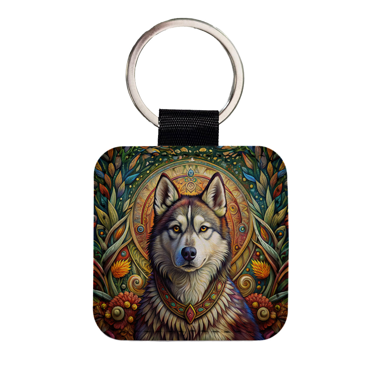 Alaskan Malamute Dog French Bohemian Art Square Faux Leather Keychain
