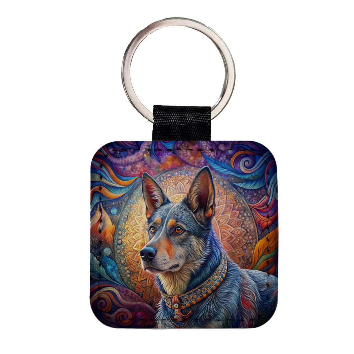 Australian Cattle Dog Bohemian Art Square Faux Leather Keychain