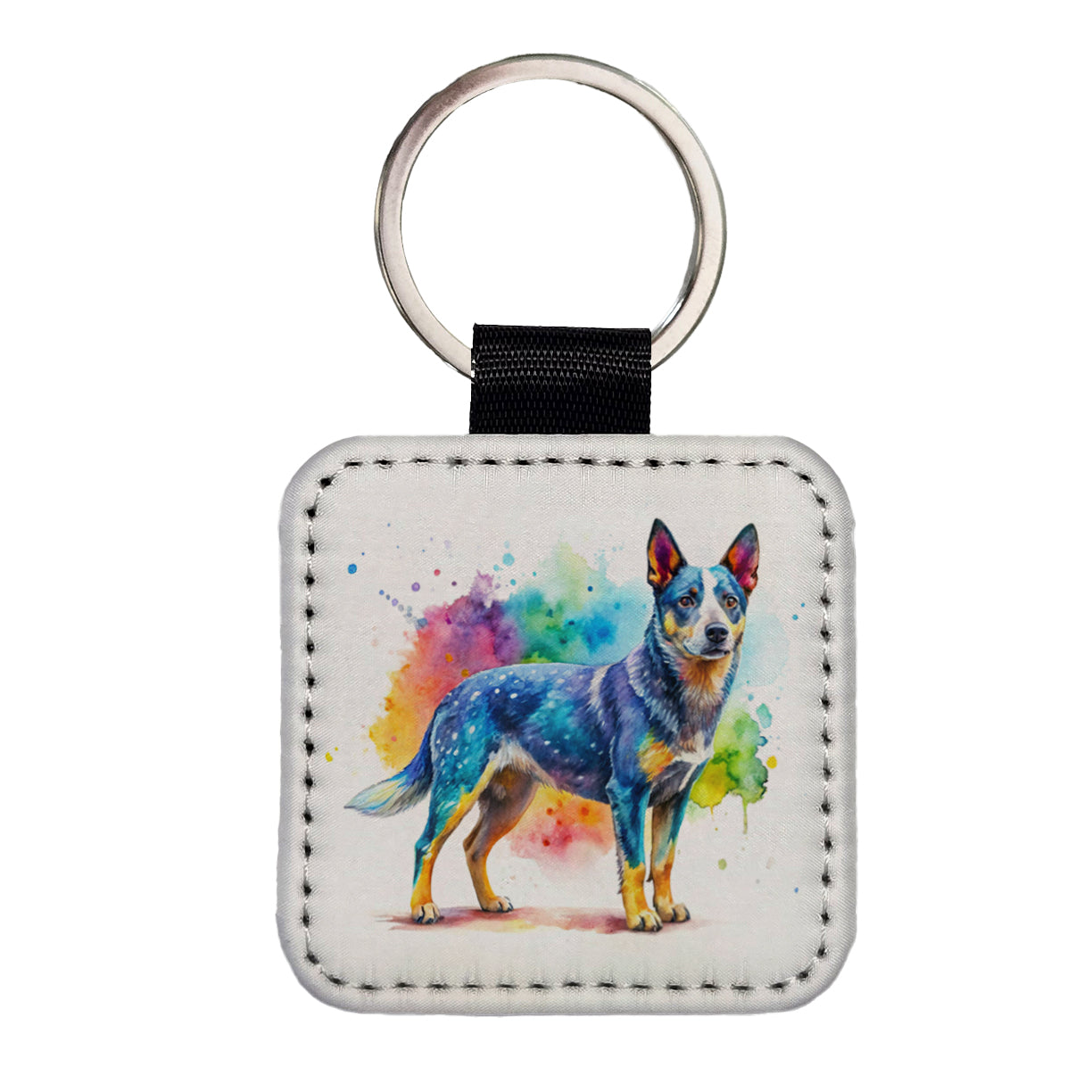 Australian Cattle Dog Watercolor Style Square Faux Leather Keychain